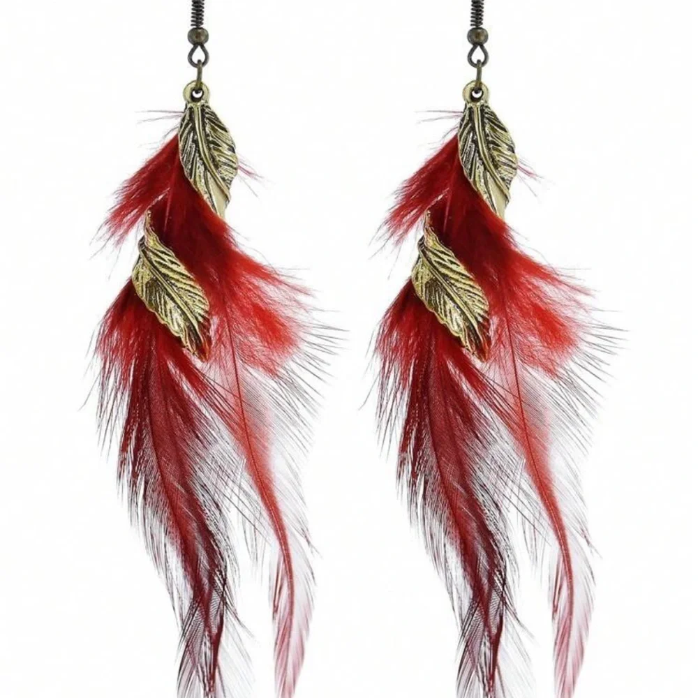 2/$30🌵 Dark Red Feather Earrings Antiqued Gold Twist Dangle Bohemian Hippie NEW